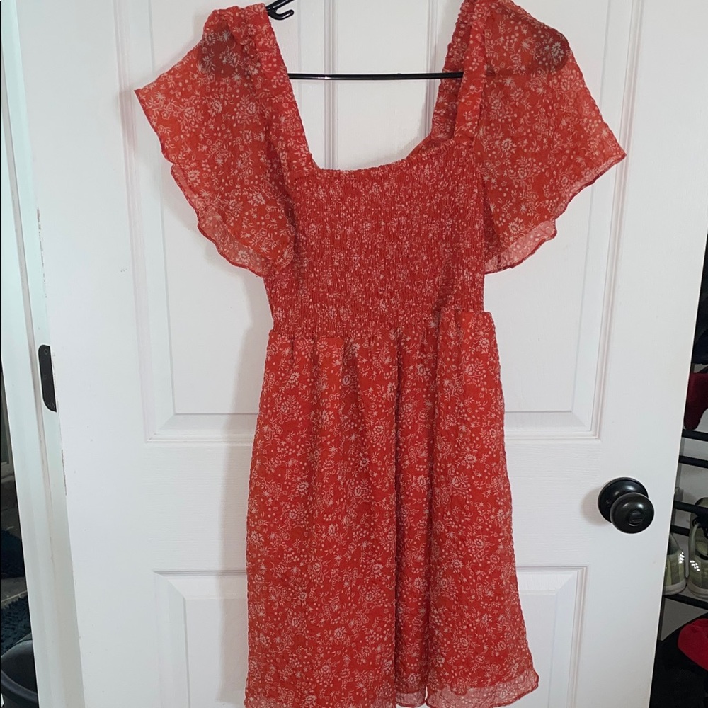 Madewell Coral Red Floral Smocked Mini Dress